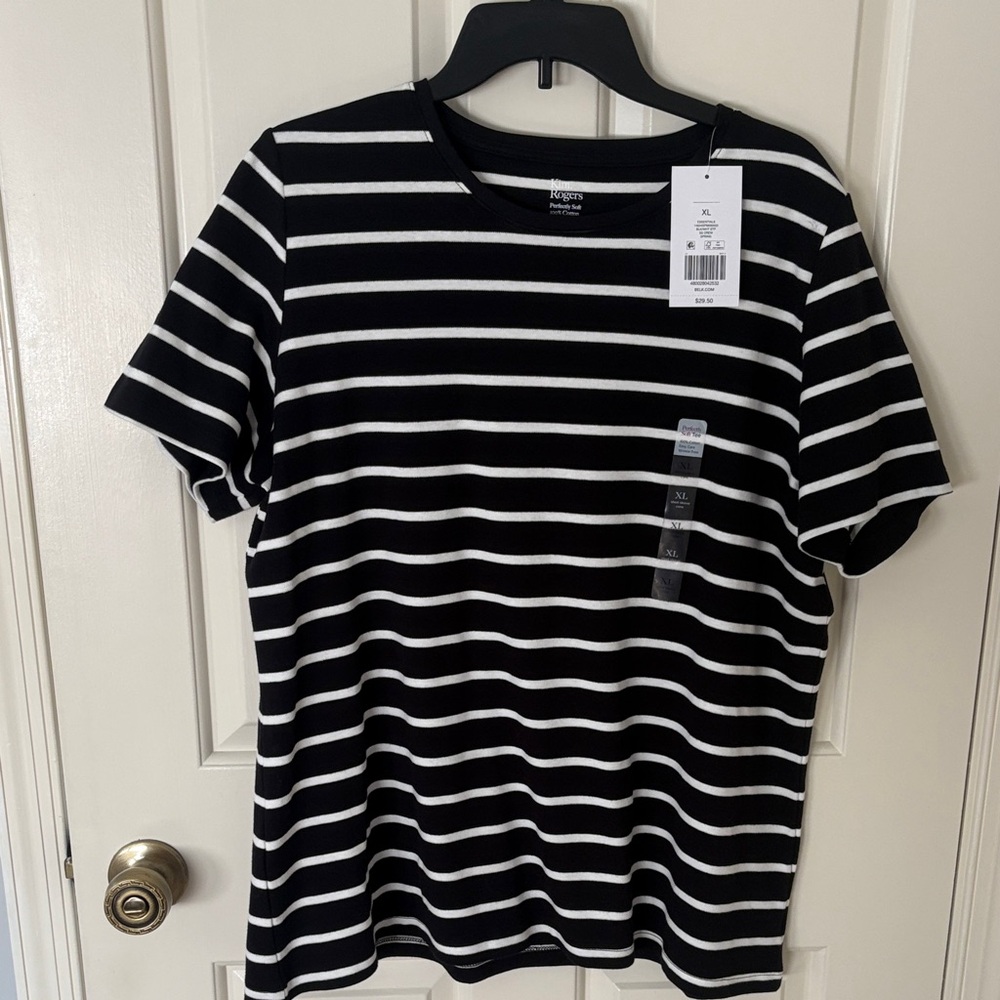 Kim Rogers Black & White Striped Short Sleeve Crew Neck Tee